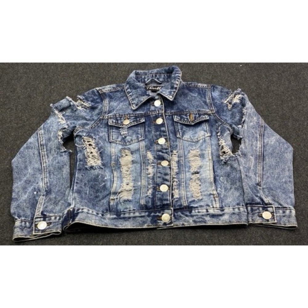 Thrill Distressed Denim Jacket Womens Large Blue Acid Wash Shredded Streetwear